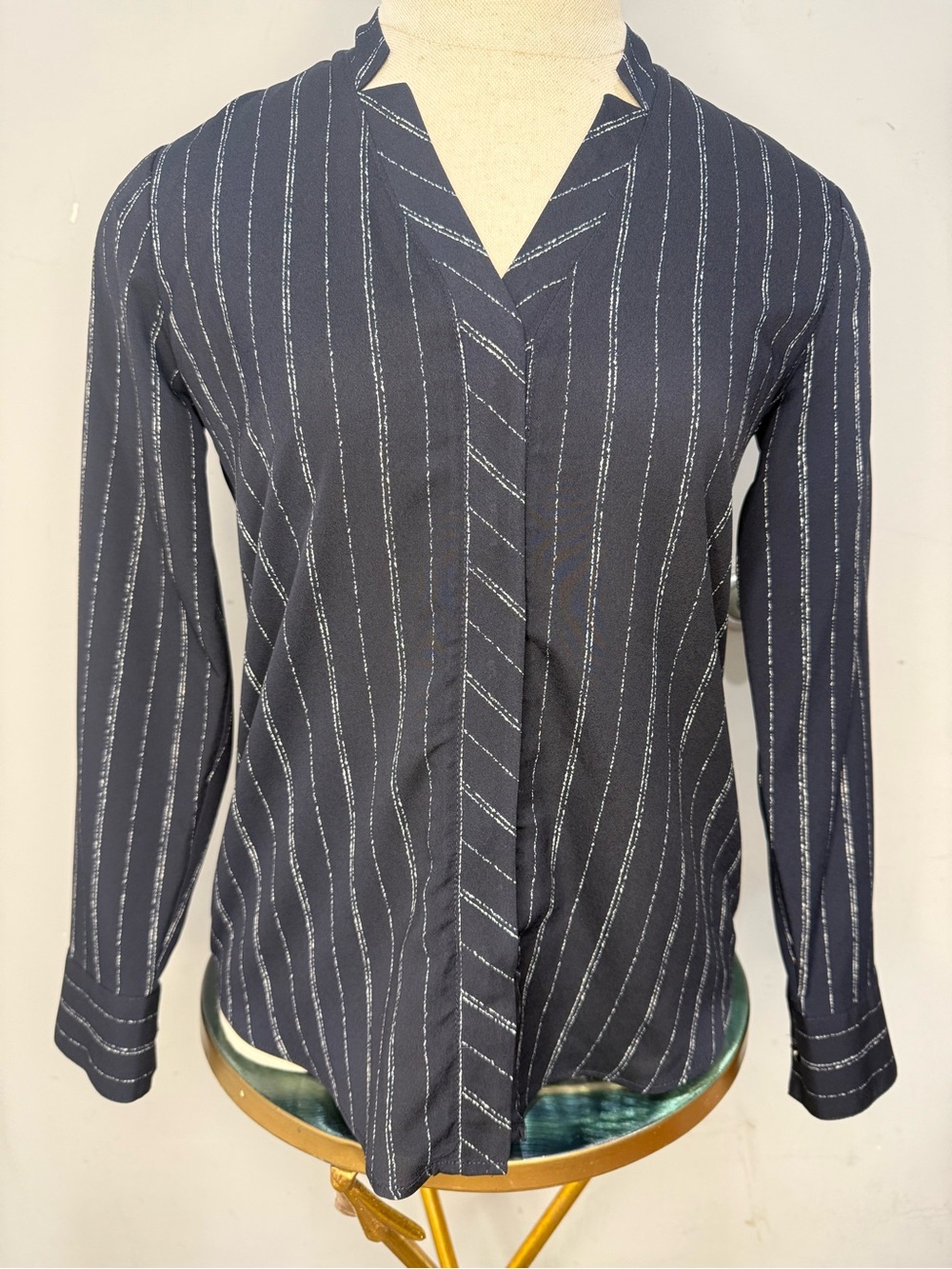 Banana Republic Navy and White Striped V-Neck Dress Shirt